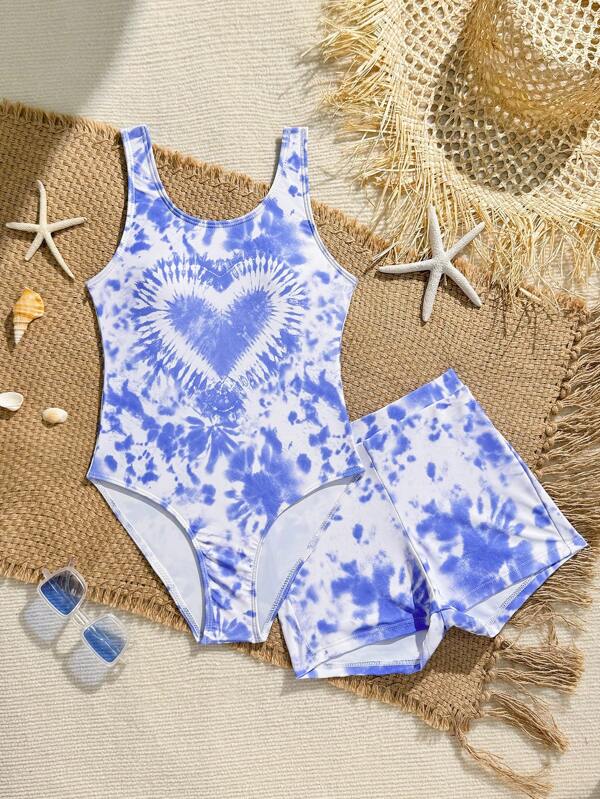 1pc Tween Girls Tie-Dye Print One-Piece Swimsuit With Shorts, Stylish 2 Pieces Set