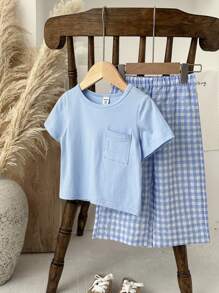 SHEIN Vintaside Kids 2 Pieces Baby Boy Cute Casual Short-Sleeved Top And Plaid Pants Set, Suitable For Summer, Home And Travel