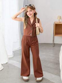 SHEIN Ensemble 2 pièces pour fille pré-adolescente : Veste sans manche avec col châle et pantalon de couleur unie