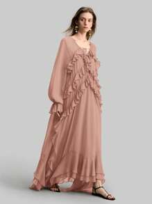 Ontre 大码女式波西米亚风格长裙，雪纺材质，荷叶边装饰，优雅度假休闲长裙 - 粉色 - 查看 8