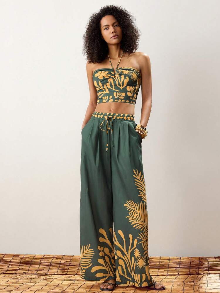 SHEIN Maija Women's Green Collision Yellow Summer V-Neck Halter Top, Floral Print Pattern Fashion Sexy Beach Vacation Hawaiian Sleeveless Crop Top