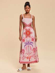 Travachic Woven Print Cut-Out Slit Side Maxi Slip Dress For Women - Multicolor - View 7