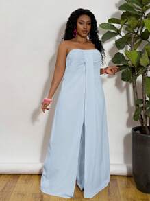 Slaydiva Plus Size Women's Casual, Resort & Elegant 2 Pieces Set: Loose Fit Crop Cami Maxi Top With Front Slit & Maxi Pants, Woven Textured Fabric - Blue - View 5