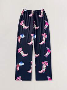 SHEIN بيجامة ذات طباعة جرافيك من توب بأكمام قصيرة وبنطال للمراهقات - الأحمر - مشاهدة 3