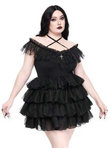 ROMWE Goth 大码女式夏季服装，优雅万圣节哥特式梦幻分层网眼荷叶边 V 领系腰连衣裙 - 黑色 - 查看 7