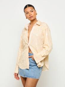 AiiRZ 优雅亮片纽扣衬衫 超大长袖 迪斯科派对 晚宴 婚礼 节日 特殊场合 闪亮上衣