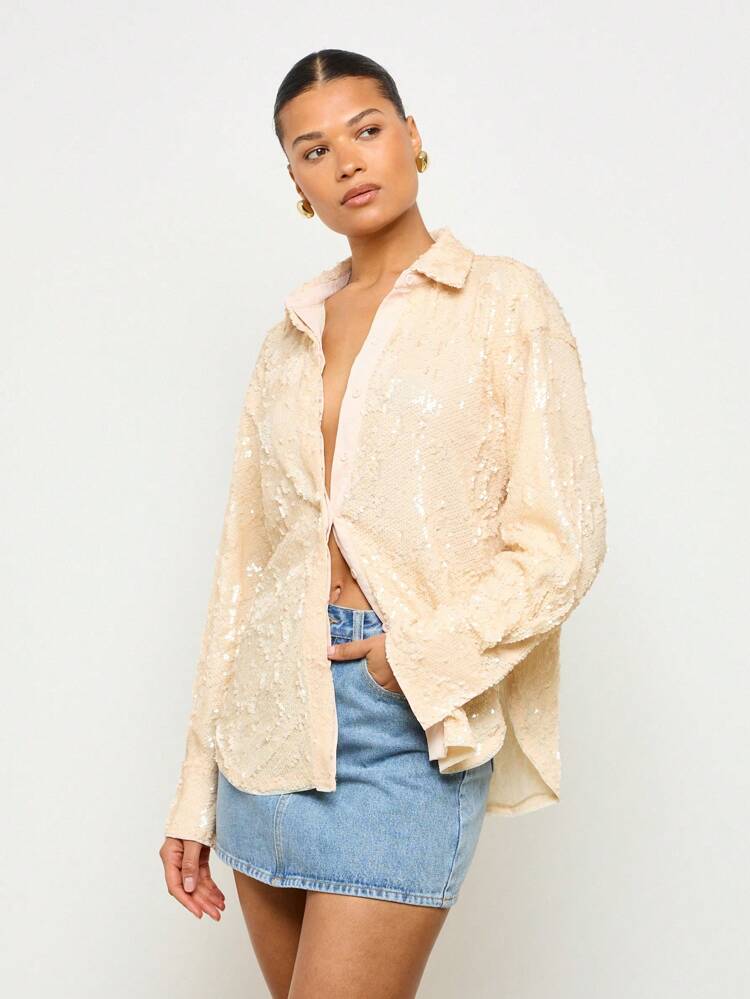 Elegant Sequin Button Down Oversized Long Sleeve Glitter Blouse