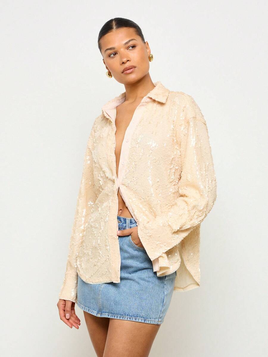 AiiRZ 优雅亮片纽扣衬衫 超大长袖 迪斯科派对 晚宴 婚礼 节日 特殊场合 闪亮上衣