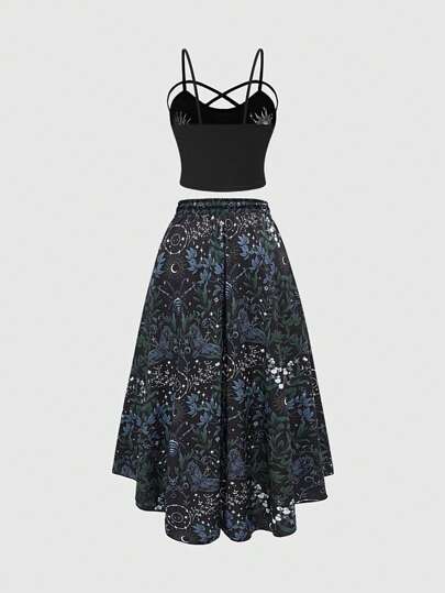 Goth Conjunto de 2 piezas para mujer de talla grande para el verano: Camiseta sin mangas con estampado de plantas góticas y falda midi de cintura elástica