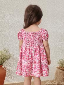 Blossori Vestido de fiesta campestre para niñas con mangas abullonadas, flores pequeñas de color rosa y detalle de smocking - Multicolor - Ver 2