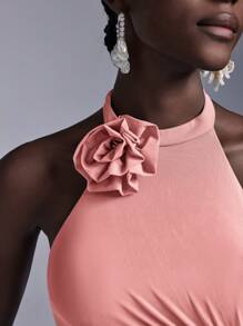 Elitara Elegant Halter Neckline 3D Floral Chest Ruched Mesh Sheer Fish Tail Bridesmaid Dress - Coral Pink - View 6