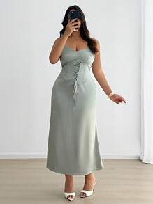 SHEIN Clasi Vestido Longo de Cetim Ajustado com Laço no Estilo Cortesão para Casamentos, Eventos Formais - Verde - Visão 8