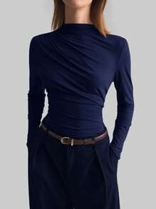 Ontre Stockholm Style, Women's Teacher Outfit, Autumn Fashion, 2025 Women's Autumn Basic High Collar Long Sleeve T-Shirt, Asymmetric Hem Ruched Top, Navy Solid Color Round Neck Long Sleeve Women's Blouse Basic Top, Women's Office Wear
