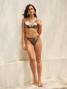 Anewsta Conjunto de bikini elegante y exquisito con estampado de leopardo, copas acolchadas y encaje, 25SS