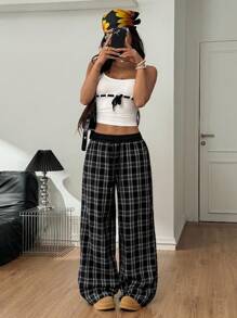 Coolane 女士休闲宽松格纹阔腿裤