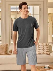 Manfinity Underwear&Sleepwear Basics 男士纯色口袋短袖上衣和短裤睡衣套装 - 深灰色 - 查看 5