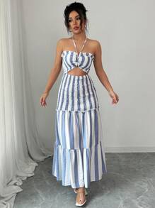 Elenzga Vestido de fiesta elegante de verano 2025 con escote cruzado de rayas, vestido deslizable con cintura anudada y sin tirantes, vestido versátil y sexy adecuado para citas, salidas, vacaciones, bodas, fiestas, carnavales, Pascua, festivales de música, festivales de cerveza