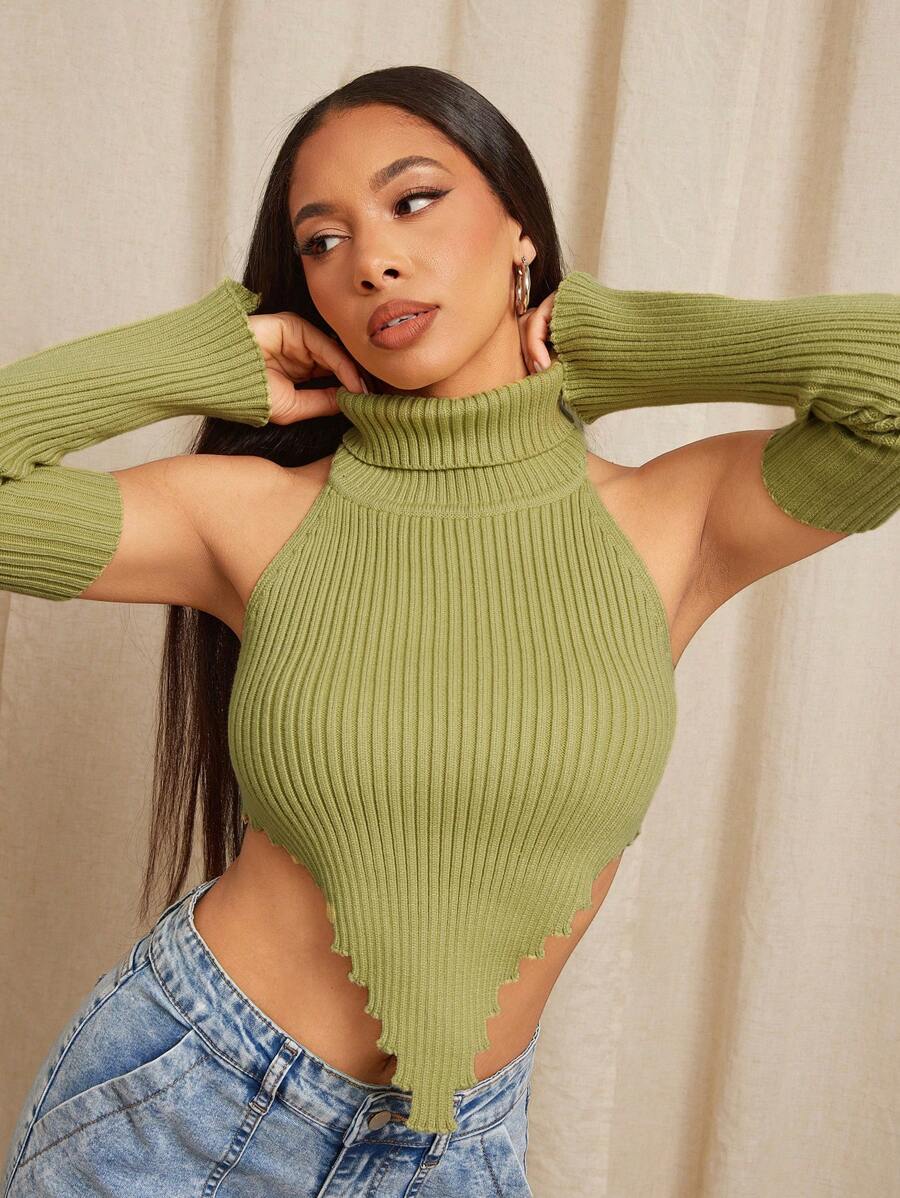 Vixey Sleeveless Handkerchief Backless Knit Top With Detachable Sleeves - Green - View 1