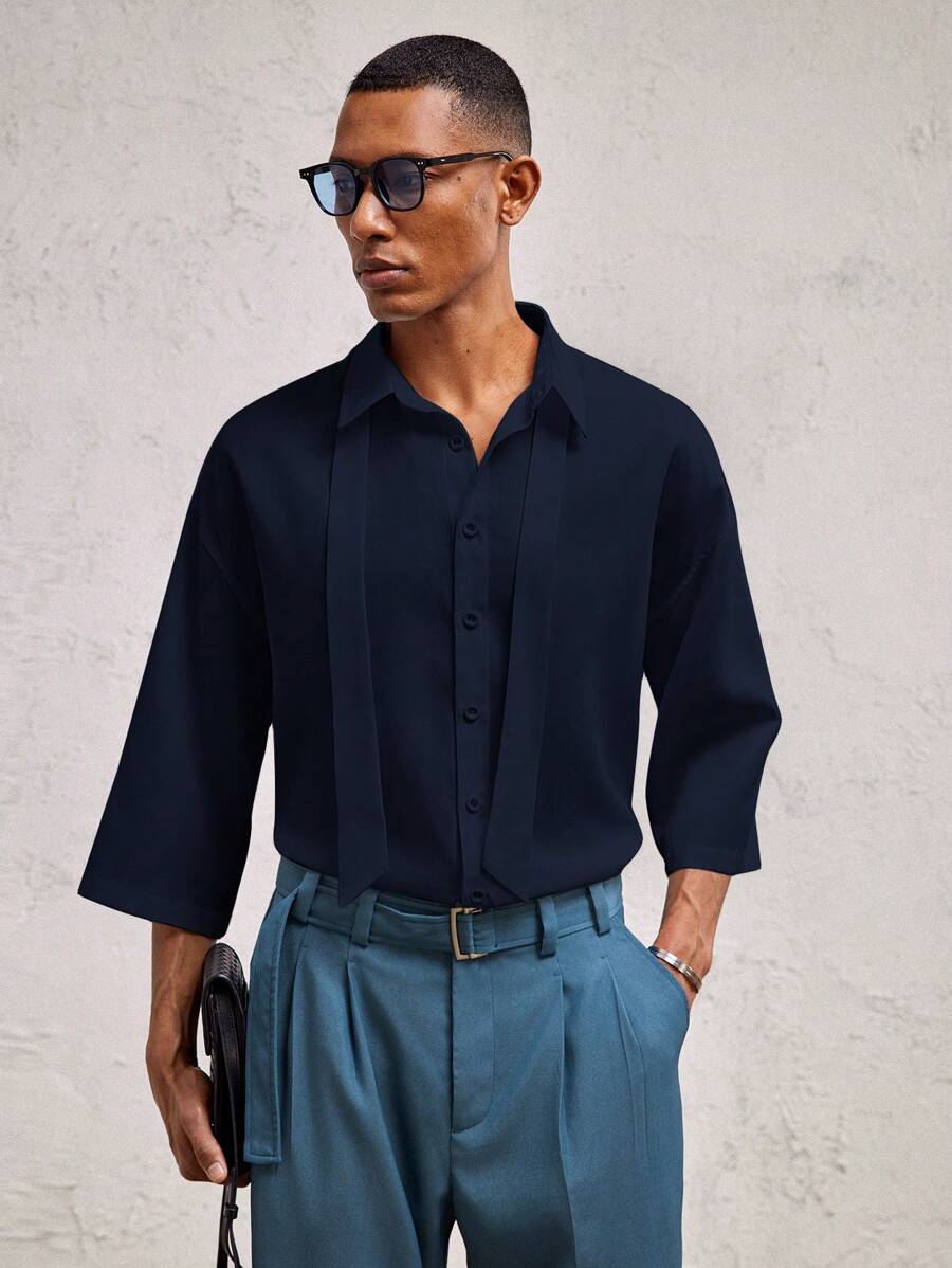 AKNOTIC Formal Men's Loose Drop Shoulder Short Sleeve Collared Casual Shirt, Suitable For Daily Wear - Apricot - View 1