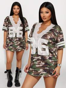 Zolique Knitted Camouflage With Perforated FabricEnglish Loose T-Shirt - Green - View 1