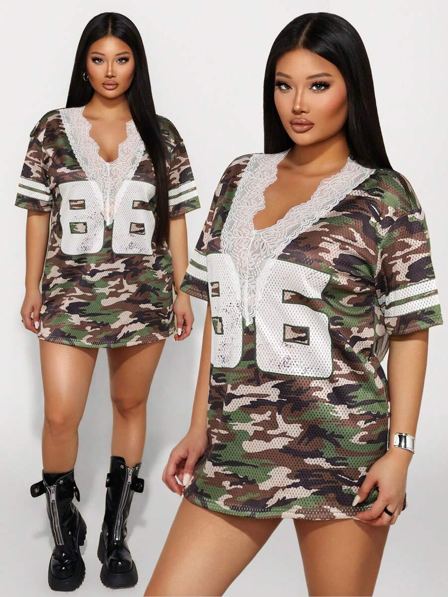 Zolique Knitted Camouflage With Perforated FabricEnglish Loose T-Shirt - Green - View 1