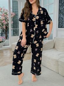 SHEIN Bộ đồ ngủ tay ngắn in hình gấu nơ cổ rộng cỡ lớn kèm quần dài - màu đen - Xem 1