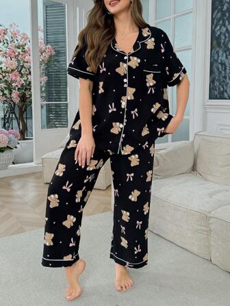 SHEIN Plus Size Allover Bow Bear Print Lapel Short Sleeve Top & Pants Pajama Set