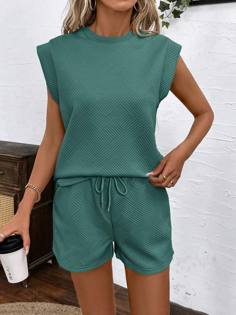SHEIN LUNE Outdoor Sport Athleisure Trainingspak Dames Set van 2, Zomerse Gestructureerde Stof, Gewatteerde Schouders, T-shirt en Shorts