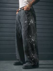 AXEPEAK Jeans de pierna recta larga para hombre con decoración de rhinestones, inspirado en el streetwear
