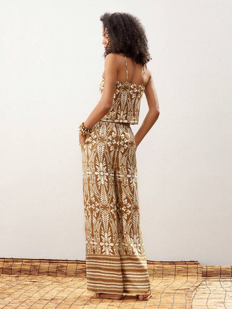 SHEIN Maija Women's Brown Summer Outfit: Adjustable Straps Backless Crop Top With Plant Print & Elastic Waist Wide-Leg Pants 2 Pieces Set