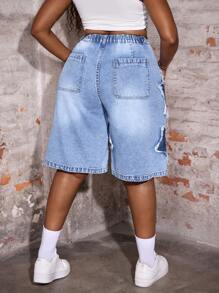 Slaydiva Plus Size Denim Casual Loose Shorts, Star Pattern, Blue Summer Vacation Cowgirl Western Wear Women Business Casual Woman Festival Airport Graduation Ibiza Beach Hawaii Concert Boho Rave Rave Festival Coachella Y2k Women Cowboy Streetwear Gyaru 2000s Disco Mother Day Happy Mother Day