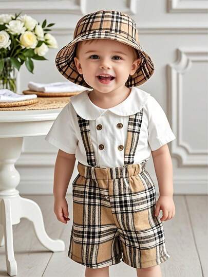 3-Pack Baby Boy Outfit Set: White Shirt With Doll Collar, Apricot Plaid Suspender Shorts, And Hat, Suitable For Baby Boy To Attend Wedding, Party Or Act As Ring Bearer, Gentleman, Cute And Fashionable, Perfect For Summer