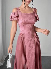 Modelyn Squareneck Sleeve Pleated Floral Print Patchwork Dress With 3D Effect - Pink - View 7