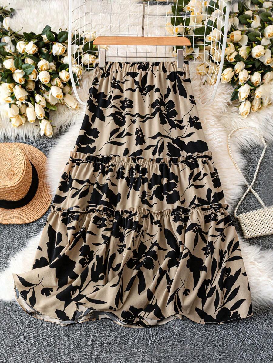 Breezaya Women's Spring Summer Holiday Floral Print Pleated Ruffle Asymmetric Hem Skirt - Khaki - View 1