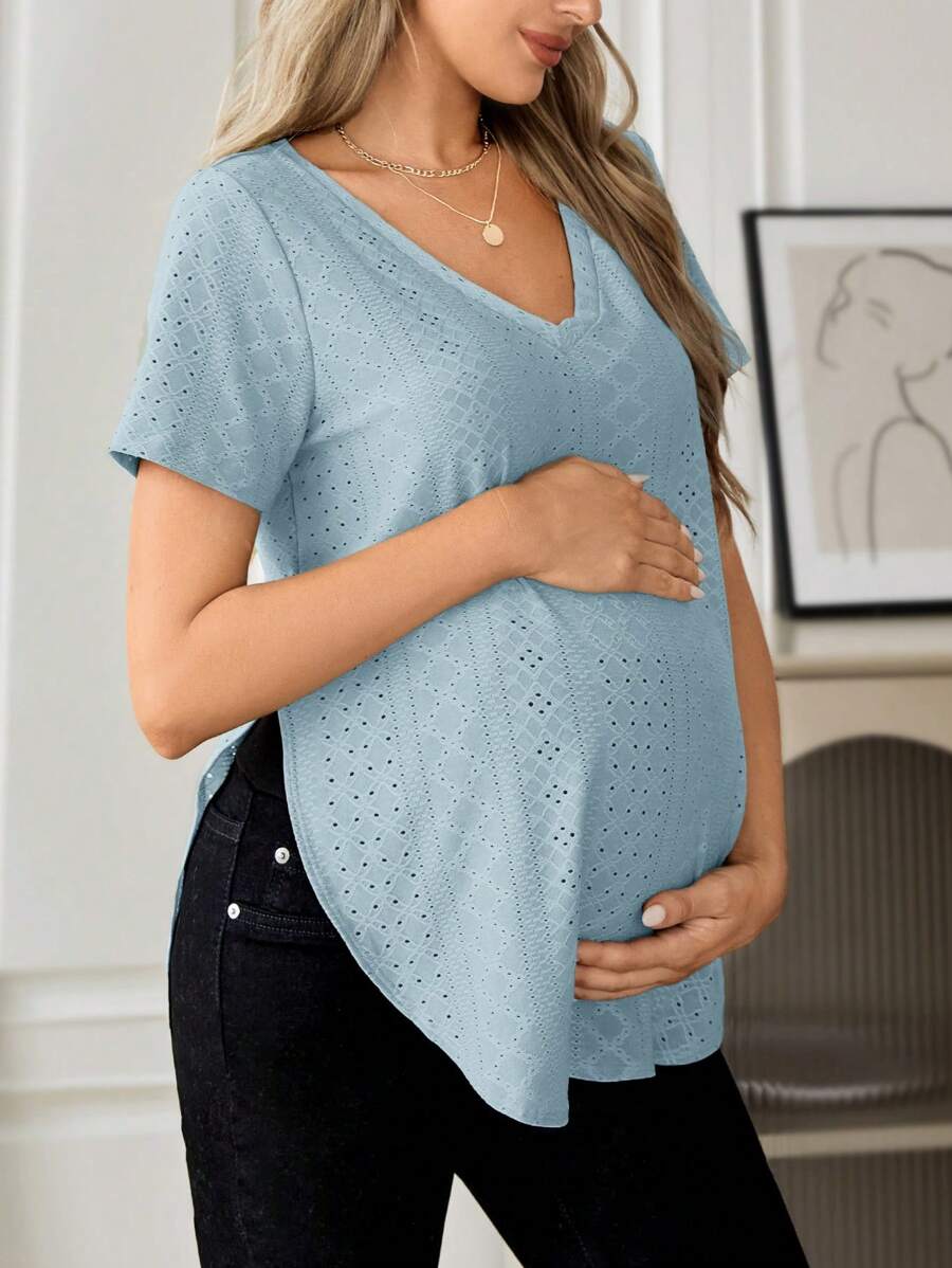 SHEIN Maternity Solid Color Hollow Embroidery V-Neck Short Sleeve T-Shirt, Suitable For Summer - Baby Blue - View 1