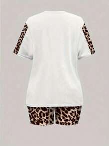 Zolique 女士常规款豹纹心形图案印花短袖 T 恤套装，夏季新品 - 彩色 - 查看 2