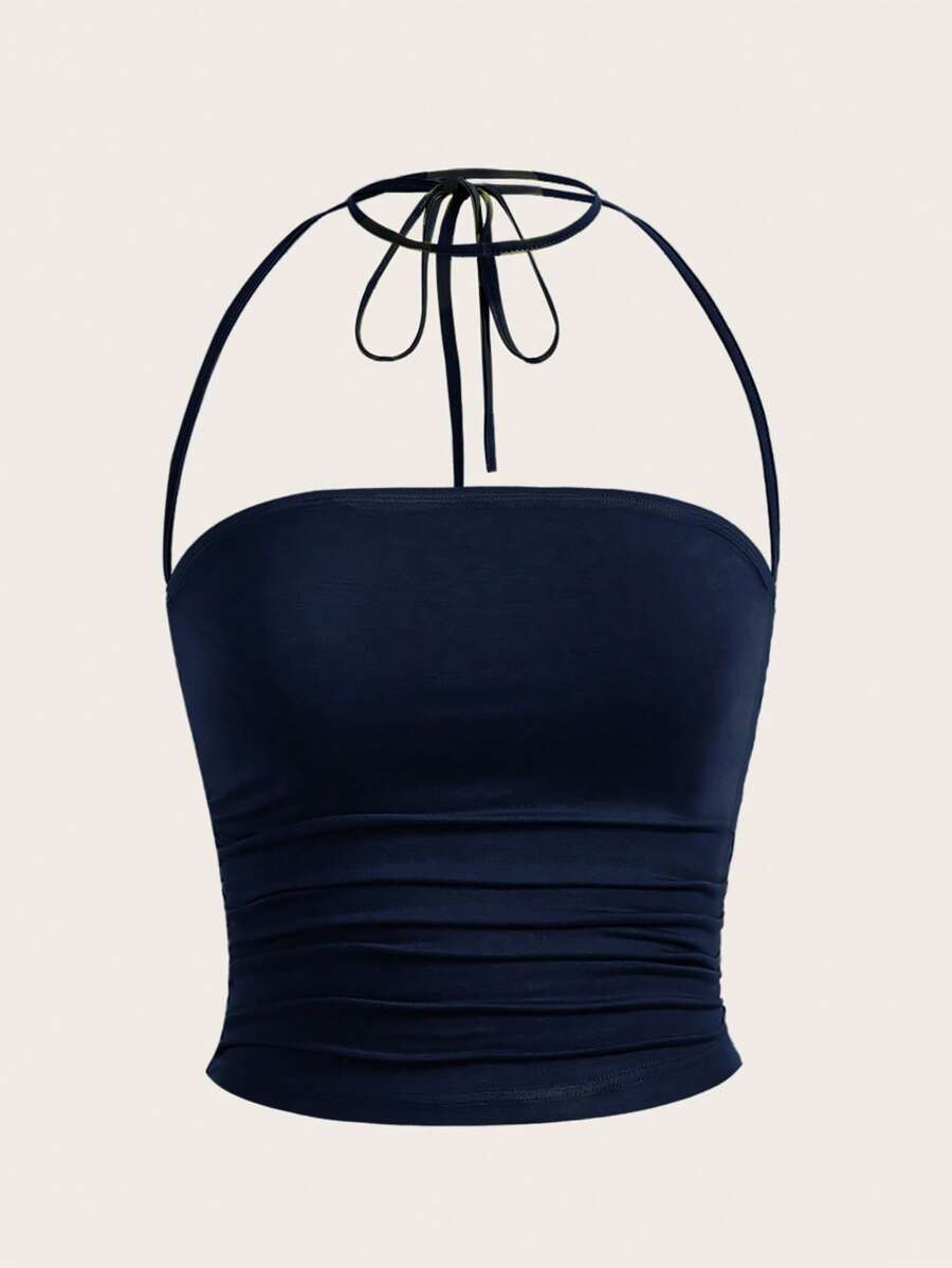 SHEIN EZwear Tank Top Wanita Musim Panas Warna Polos dengan Lipit dan Leher Halter, Biru Tua - Navy Blue - View 1