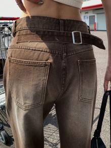 DAZY 女式高腰阔腿水洗牛仔裤 - 棕色 - 查看 6