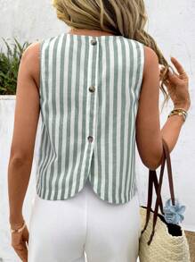 SHEIN LUNE Áo crop top không tay kẻ sọc giản dị cho nữ, áo xẻ sau lưng - màu xanh lá - Xem 3