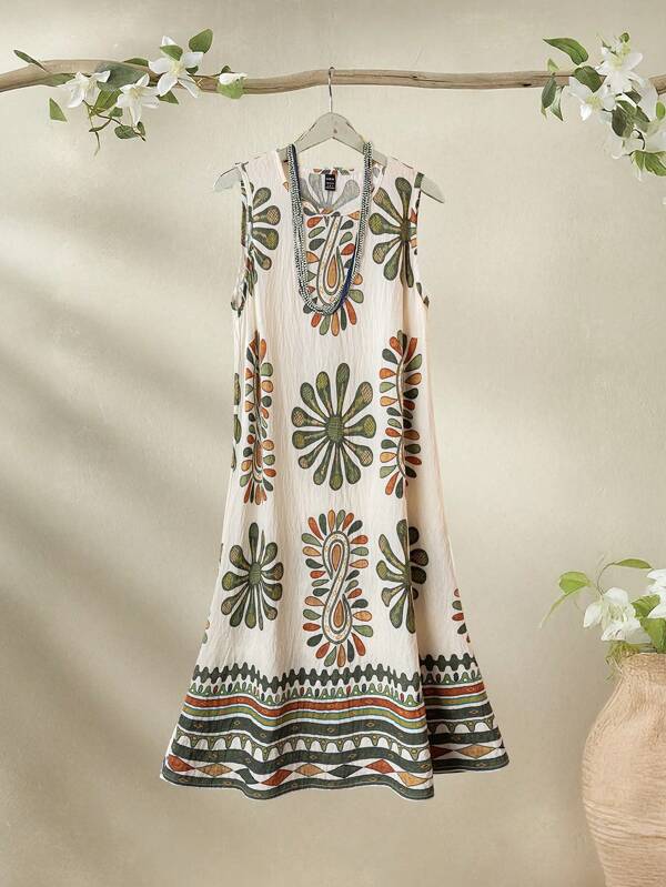 Rusticease Women Allover Print Round Neck Casual Sleeveless Vacation Short Dress
