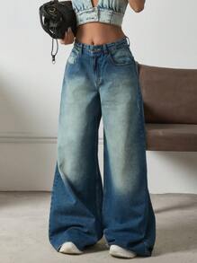 高腰阔腿 Y2K 风格宽松牛仔裤 - 中等水洗藍 - 查看 5