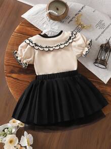 Souflis Souflis Summer New Baby Girls Vintage Embroidered Peter Pan Collar Short Sleeve Blouse + Black Skirt 2-Piece Set - Khaki - View 2