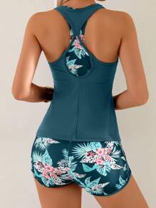 Swim Lushoire Women's 3pcs/Set Beach Vacation Floral Print Crop Top With Bikini Set For Summer