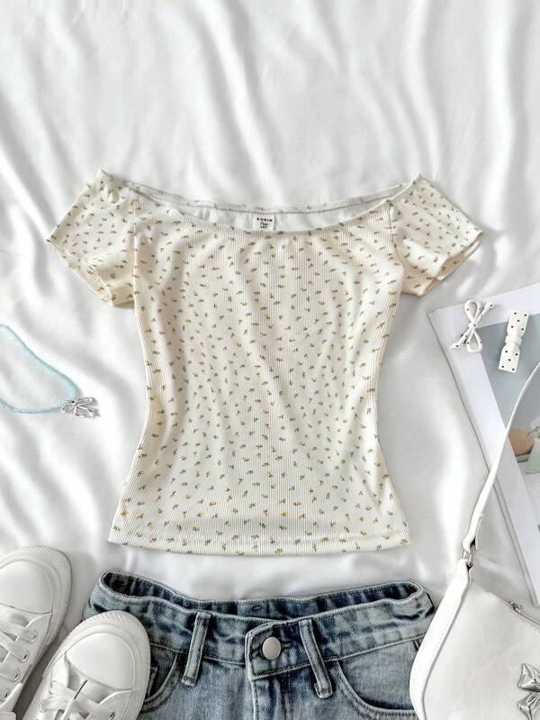 Blusa informal de verano para adolescentes, con hombros descubiertos y estampado de flores pequeñas (ditsy floral), apta para uso diario en casa o en la escuela - Blusas lindas de verano para adolescentes