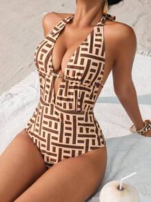 SHEIN Swim Maiô feminino minimalista com estampa de uma peça, adequado para praia, piscina, lazer e férias, primavera/verão - Multicolorido - Ver 3