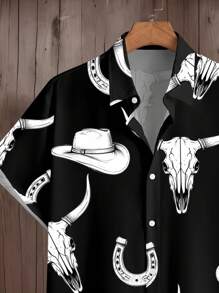 Manfinity Roughcore Western Cowboy Bull Skull, Horseshoe Printed Casual Fitted Turndown Collar Shirt For Men - Black - View 3