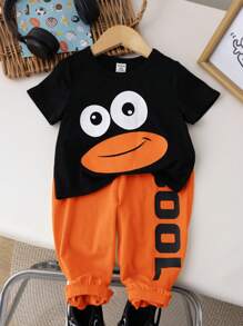 SHEIN Baby Jungen Cartoon Pinguin Grafik T-Shirt & Hose 2 Stücke Set, für Baby Jungen und Baby Mädchen