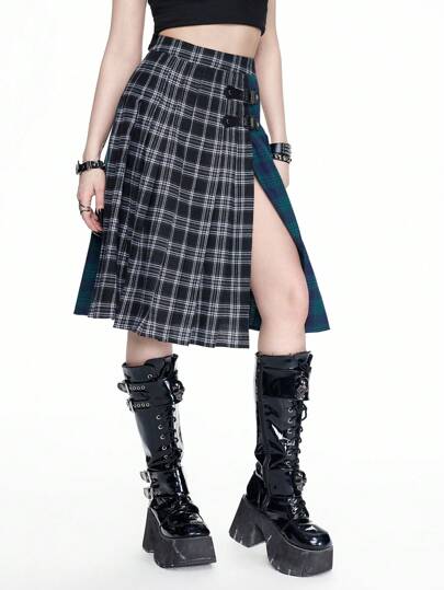 Jupe midi fendue vintage gothique à carreaux patchwork pour femmes, idéale pour la rentrée scolaire