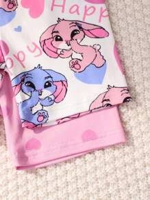 4 件套女童可爱兔子心形卡通图案粉色短袖上衣和短裤紧身睡衣套装，夏季 - 粉色 - 查看 6