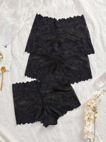 SHEIN 3 件套性感蕾丝女士内裤，浪漫简约女士内裤 - 黑色 - 查看 4